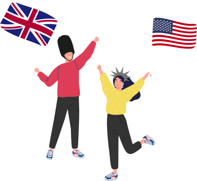 Clasinitos contentos con banderas de Gran Bretaña y Estados Unidos